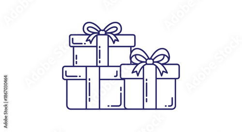 Minimalist purple line art icon of a stack of gift boxes with bows, symbolizing presents, celebrations, and special occasions.