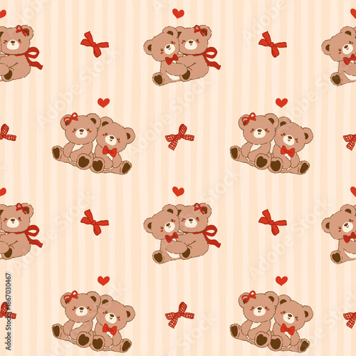 Coquette Valentine seamless pattern vintage Teddy Bears Couple Hugging Striped Retro Shabby Chic Preppy Printable Background