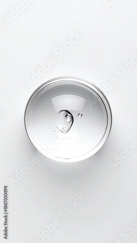 Liquid drop in round, transparent dish. Simple, clean