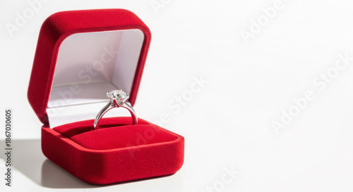 Elegant diamond engagement ring displayed in a luxurious red velvet box, symbolizing love and commitment for Valentine's Day celebrations