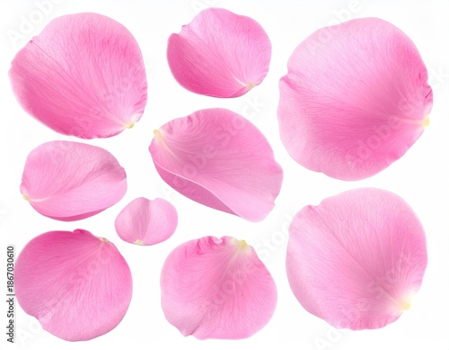 Pink rose petals, scattered and isolated on white