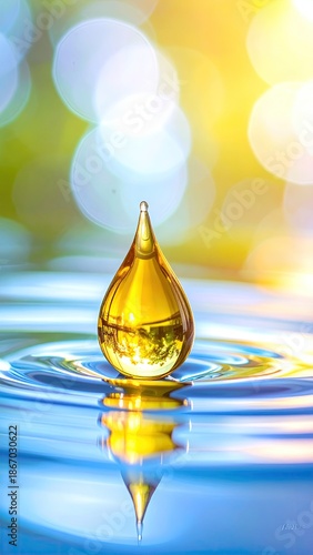 Golden droplet hitting water creates circular ripples