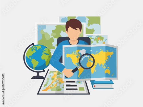 Detailed Geography Research and Global Exploration with Magnifying Glass Illustration Studying Maps and Earth for Educational Travel Planning and Discovery