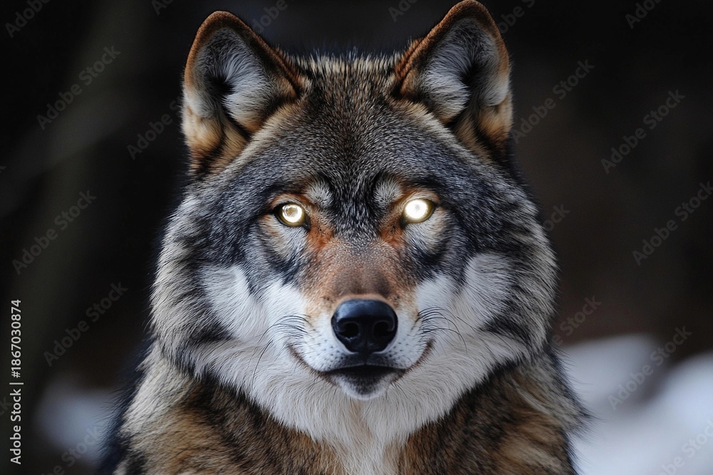 Fototapeta premium Wolf with radiant eyes reflects the power of the moon in a mystical forest setting under twilight sky