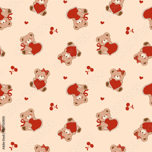 Coquette Valentine seamless pattern vintage Teddy Bears Hugging Heart Riffon Striped Retro Shabby Chic Preppy Printable Background