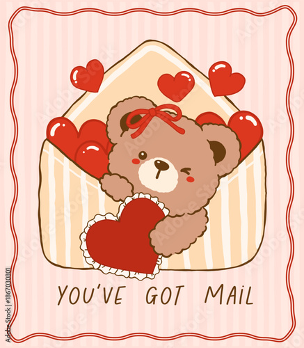 Kawaii Valentine Teddy Bear in Love Letter Nostalgia Cartoon Doodle Hand Drawn