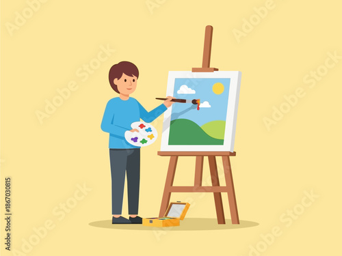 Young artist exploring the joy of creative expression, skillfully painting a serene landscape on an easel, transforming imagination into a vibrant art piece as a delightful hobby