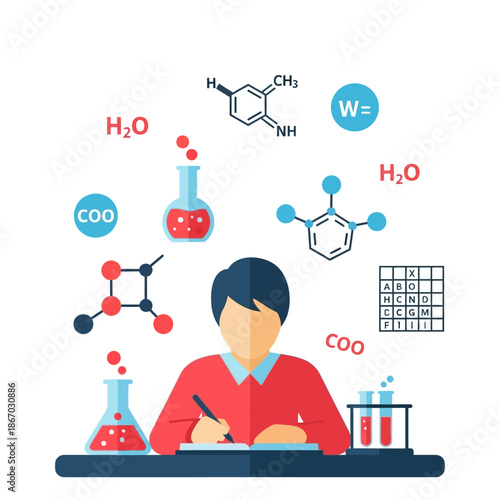 Flat illustration of a student deeply engaged in chemistry studies, surrounded by scientific formulas, molecular structures, and lab equipment, symbolizing research and learning
