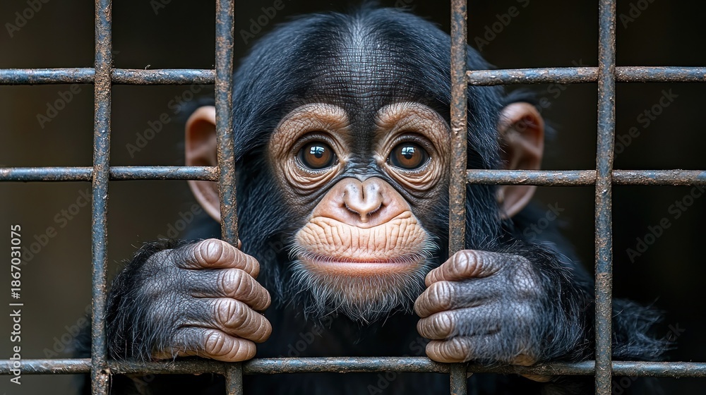 Naklejka premium Chimpanzee infant in metal cage