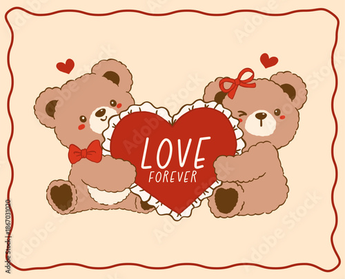 Kawaii Vintage Teddy Bear Valentine hugging Red Heart with Ruffle Border Nostalgia Cartoon Doodle Hand Drawn