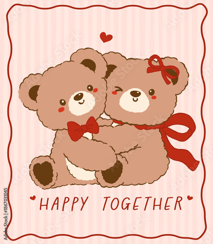 Kawaii Vintage Valentine Teddy Bear Couple Hugging Together Nostalgia Cartoon Doodle Hand Drawn