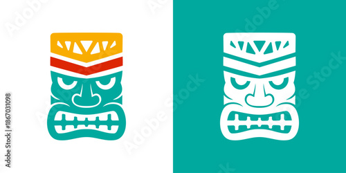 Tiki mask with geometric crown ornaments. Polynesian tribal style vector illustration for tattoos, festival posters and decor projects