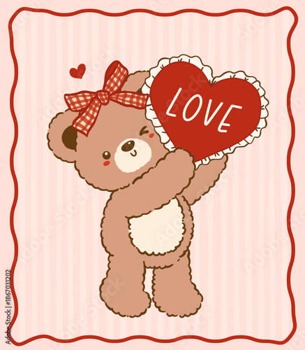 Kawaii Vintage Valentine Teddy Bear Girl Holding Heart Riffon Nostalgia Cartoon Doodle Hand Drawn