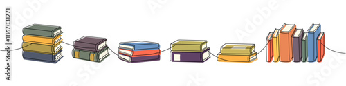 Stacked colorful books in cozy flat style. Collection of various reading and study objects