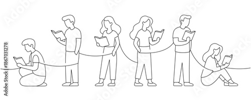 People reading books. Minimal linear drawing. Education and knowledge concept