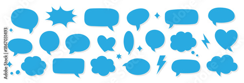 Blue comic speech bubbles and thought clouds. Cartoon talk balloons for communication, pop art, and modern graphic design