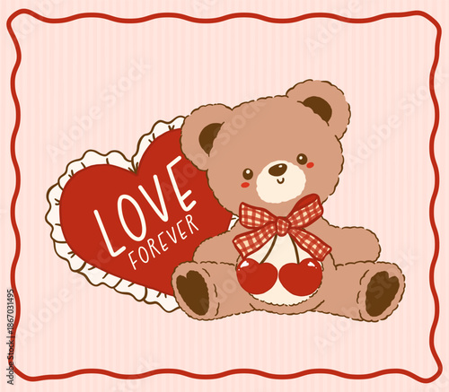 Kawaii Vintage Valentine Teddy Bear wear bow cherries with heart Nostalgia Cartoon Doodle Hand Drawn