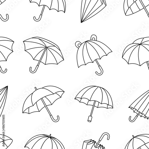Linear umbrella pattern with different parasol shapes, seamless black outline design for wallpapers and fabrics
