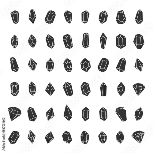 Black crystals set. Luxury gemstones and precious crystals. Mystical, esoteric, magic or healing crystals. Vector illustration