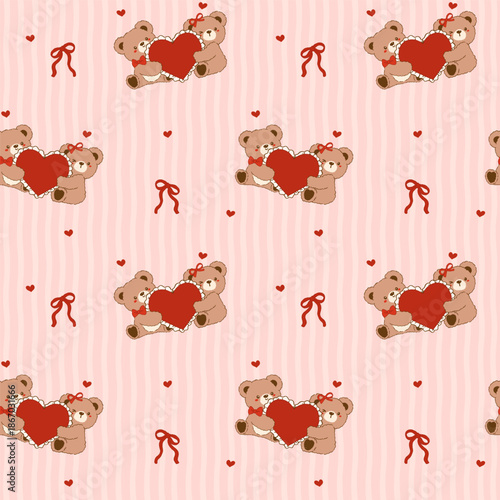 Retro Coquette Valentine seamless pattern vintage Teddy Bears Couple Hugging Heart Frame Striped Shabby Chic Preppy Printable Background