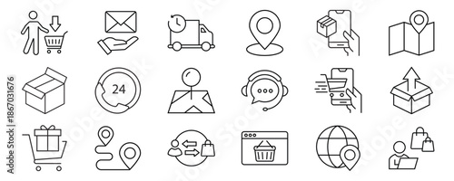 Delivery and logistics icon set. Shipping service vector icons. Fast track, courier, worldwide shipping, warehouse, package tracking. Supply chain management symbols. Editable stroke.