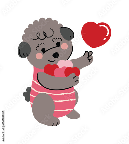 Valentine cute poodle vector illustration holding heart balloon with blush cheeks. Cute hand drawn design for greeting cards, stickers and nursery decor.
