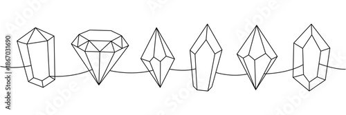 Luxury crystals. Diamonds gems, luxury gemstones and precious gems, faceted brilliant one line continuous drawing. Vector illustration