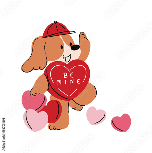 Valentine puppy holding be mine heart vector illustration with floating hearts and cute pose. Cute hand drawn design for greeting cards, stickers and posters. © TWINS DESIGN STUDIO