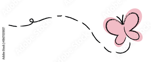 Butterfly doodle vector illustration with dashed flight line and pastel pink color. Hand drawn romantic design for greeting cards, stickers and posters.