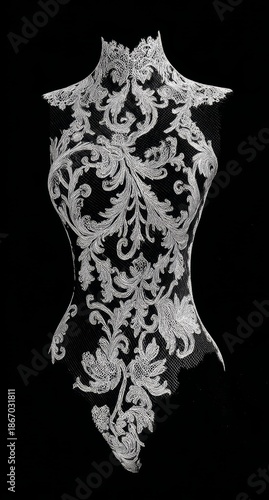 Elaborate White Lace Appliqué on Black Background