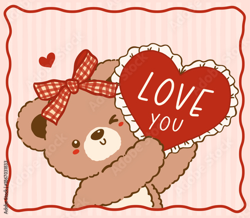 Kawaii Vintage Valentine Teddy Bear Girl Holding Heart Frame Nostalgia Cartoon Doodle Hand Drawn