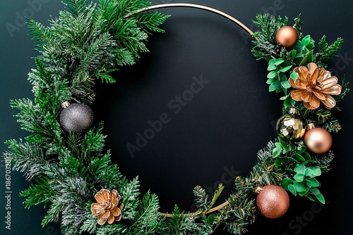 Unique asymmetrical wreath design featuring festive greenery and ornaments for holiday decor