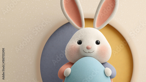 A cute stuffed bunny holding a blue egg in front of a colorful background 
