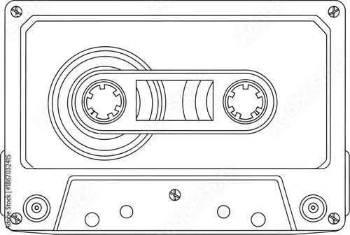 Simple line art drawing of an audio cassette tape shell viewed from the front showcasing spools and reel hubs isolated on a white background for design projects.