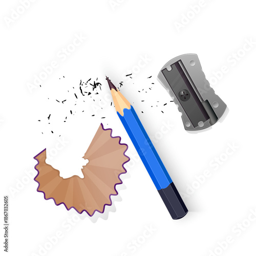 Realistic vector illustration of stationery items isolated on white. The set includes a sharpened blue wooden pencil, a metallic silver pencil sharpener, a curved wooden pencil shavin