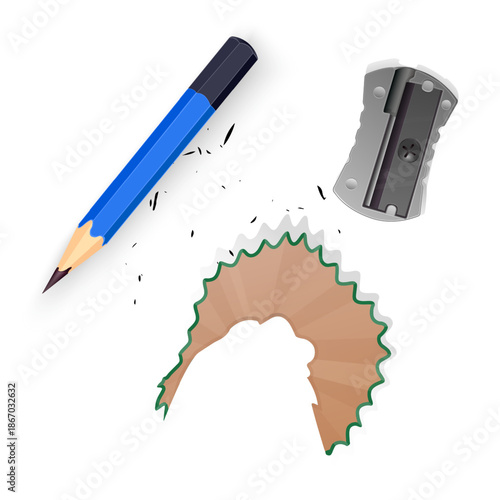 Realistic vector illustration of stationery items isolated on white. The set includes a sharpened blue wooden pencil, a metallic silver pencil sharpener, a curved wooden pencil shavin