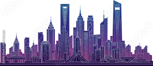 Stylized futuristic cityscape silhouette featuring tall modern skyscrapers rendered in vibrant neon blue and purple gradient outline art on a white background.