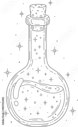 Enchanting black and white line art illustration of a corked potion flask filled with magical sparkling liquid and mystical floating elements.