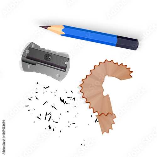 Realistic vector illustration of stationery items isolated on white. The set includes a sharpened blue wooden pencil, a metallic silver pencil sharpener, a curved wooden pencil shavin