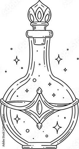 Elegant line art illustration of a magical potion bottle featuring an ornate stopper and sparkling liquid design element perfect for fantasy themes