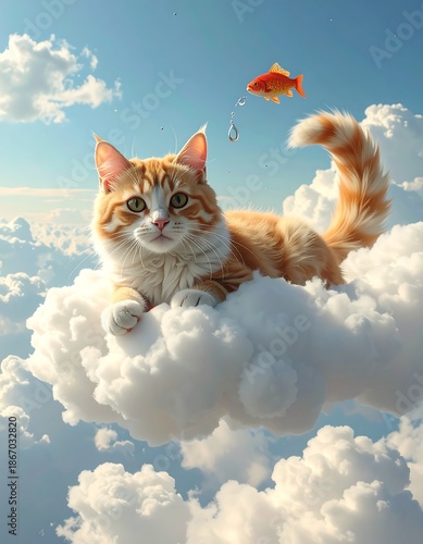 An orange cat on a cloud with a goldfish and a drop of water