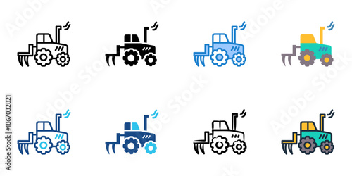 Tractor plowing icons set multiple style collection. Editable stroke 
