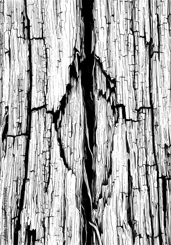 Grunge distressed wood grain pattern vector illustration, cracked black and white texture background design element