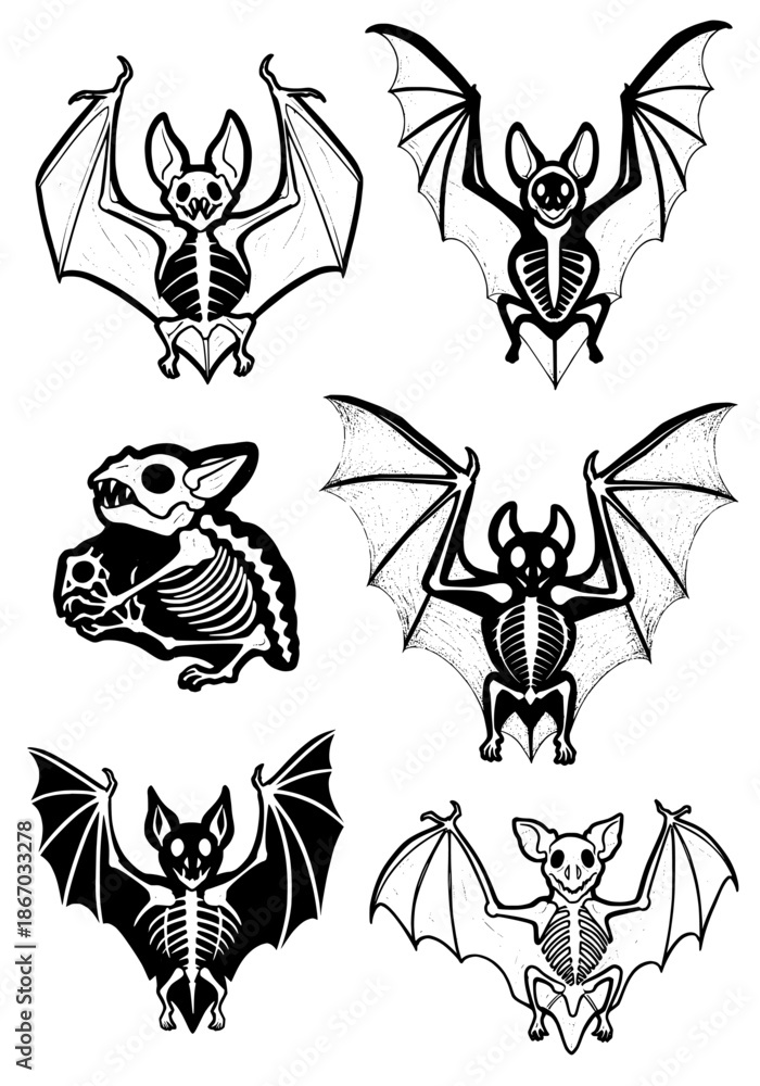 Fototapeta premium Black and white spooky bat skeletons collection, flying creatures with anatomical rib cages and skulls, detailed vector illustrations for Halloween design