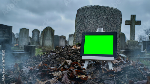 Small blank green screen monitor placed upon a fresh grave mound surrounded by ancient tombstones in a gloomy cemetery setting