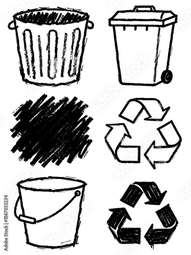 Sketchy recycling symbols and waste container icons set, black and white charcoal drawings depicting trash cans, rubbish bins, and a bucket, rough textured vector graphics