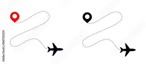 Airplane routes set. Plane paths. Aircraft tracking, planes, travel, map pins, location pins. Vector illustration.