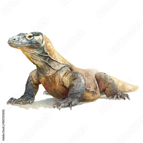 Watercolor Komodo Dragon vector, artistic painting style, high-resolution illustration on a pure white background.