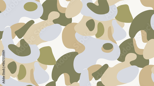 Camouflage pattern, abstract irregular shapes, green beige tan gray tones, layered texture design, military background, flat vector illustration