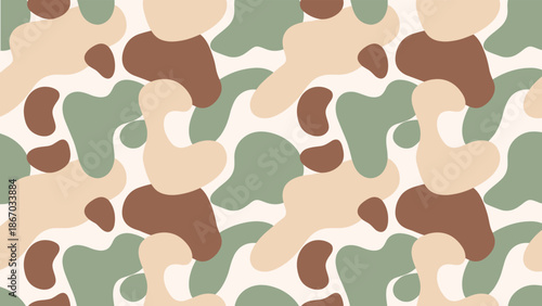Camouflage pattern, abstract organic shapes, earth tones green brown beige, outdoor texture design, military background, flat vector illustration